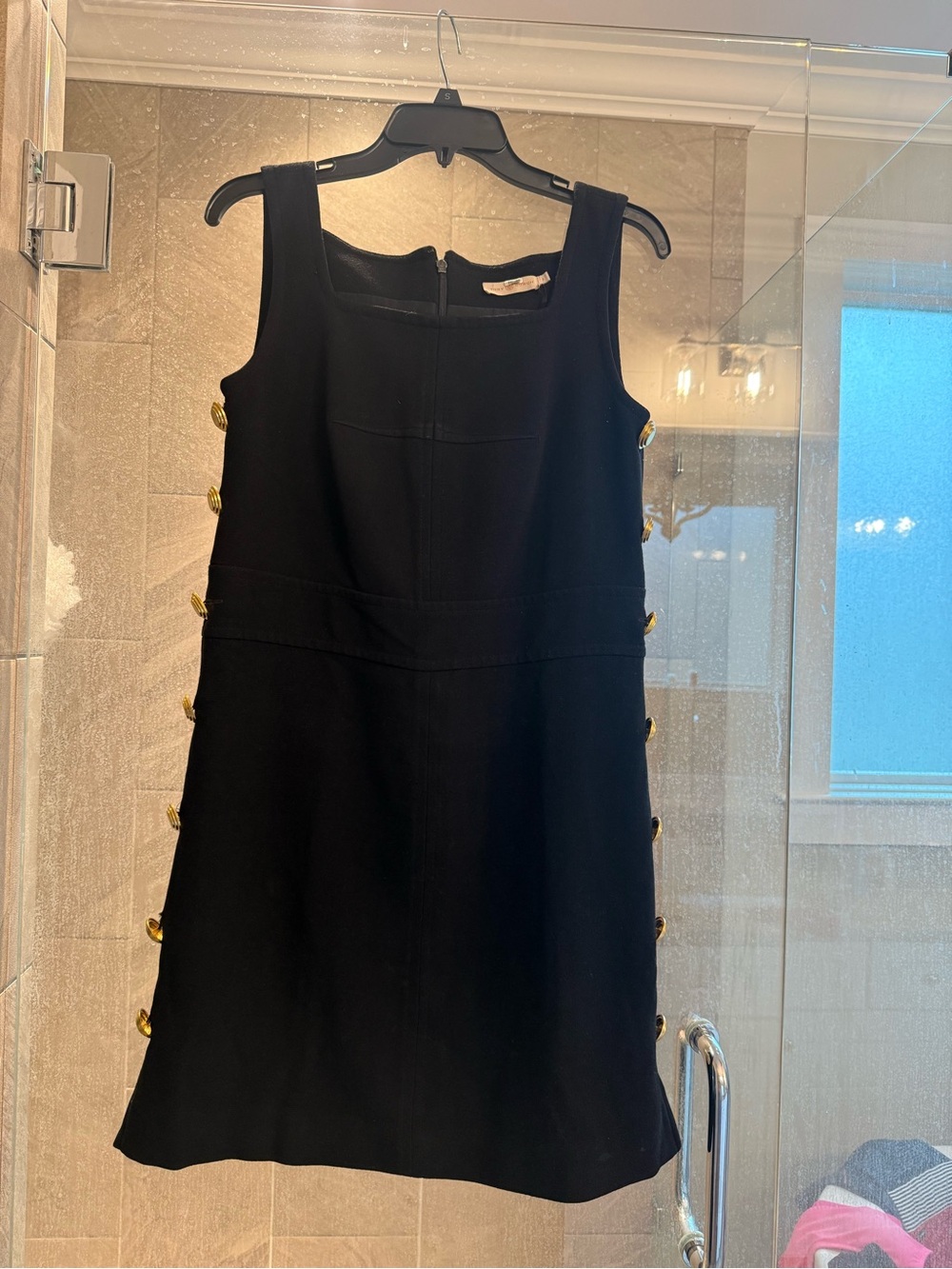 Tory Burch Classic Black Sleeveless Shift Dress with Gold Button Detail